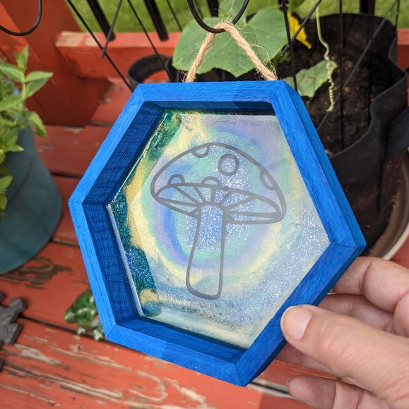 Mushroom Wall Hanging Blue Wood Shadowbox Art Handmade Nature Cottagecore - Picture 9 of 11